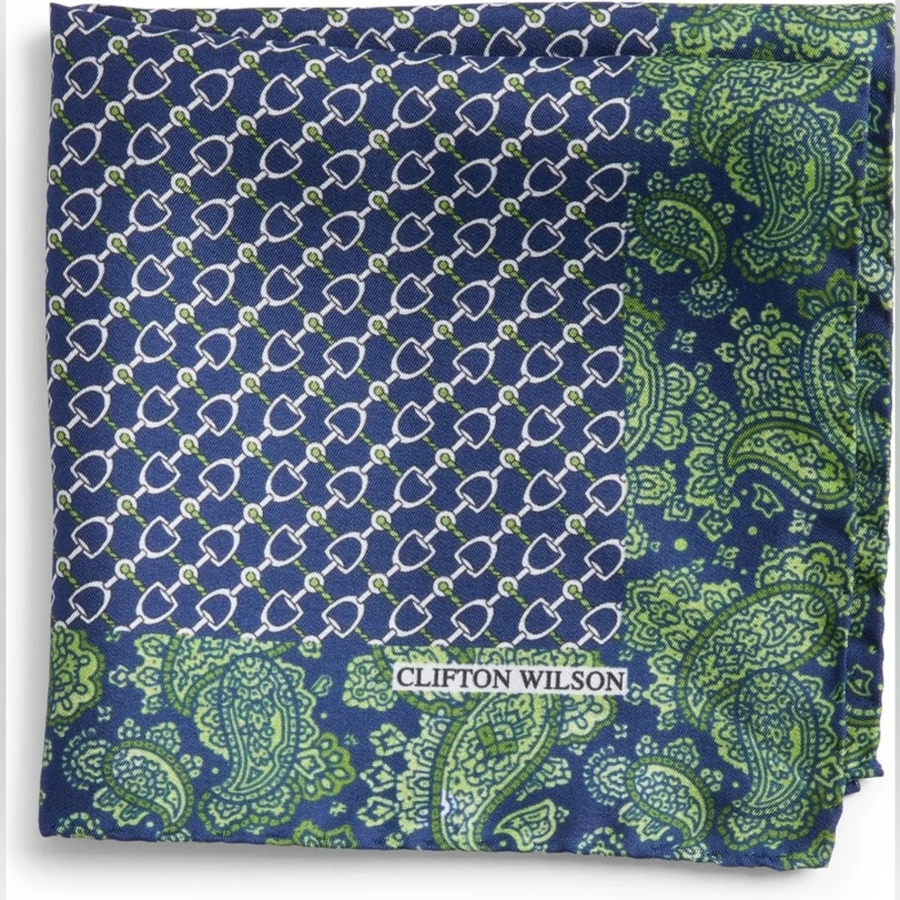 CLIFTON WILSON MENS SILK POCKET SQUARE BLUE GREEN PAISLEY WHITE NWOT